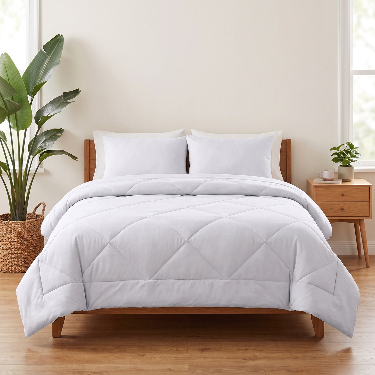Couette 2-en-1 Kavenlia blanc neige sur un lit, sans draps